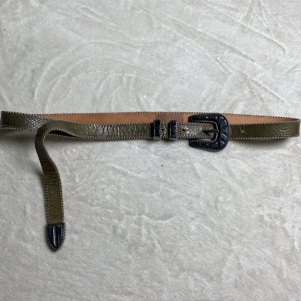Olive Green Leather Western Belt Silver Ball Chain Trim Stone Buckle Small